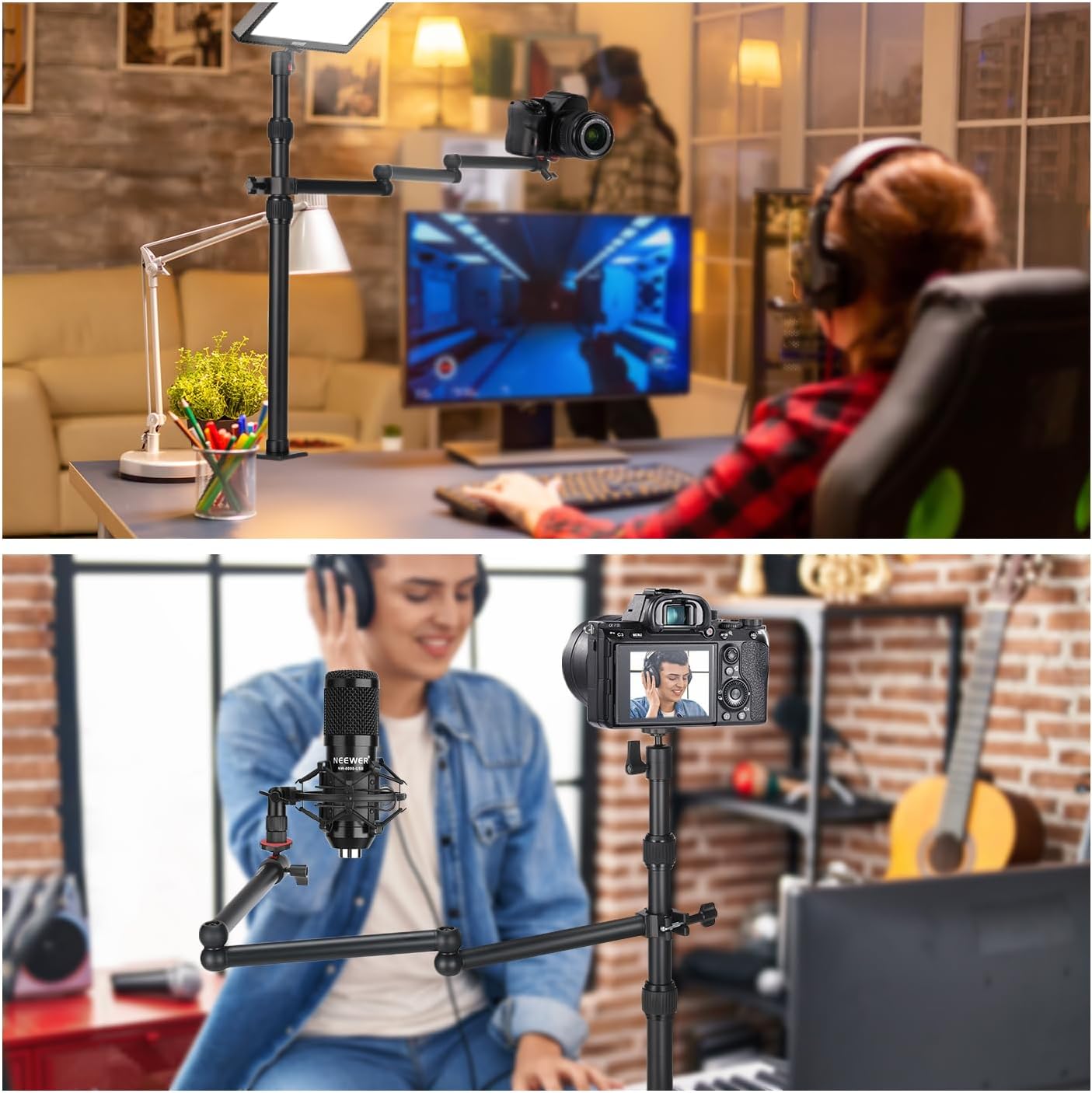 NEEWER - Suporte de mesa telescópico para câmara, com braço dobrável em três partes, 1,2 m, com pinça de telefone, rótula para luz LED, microfone TL253A+MH022