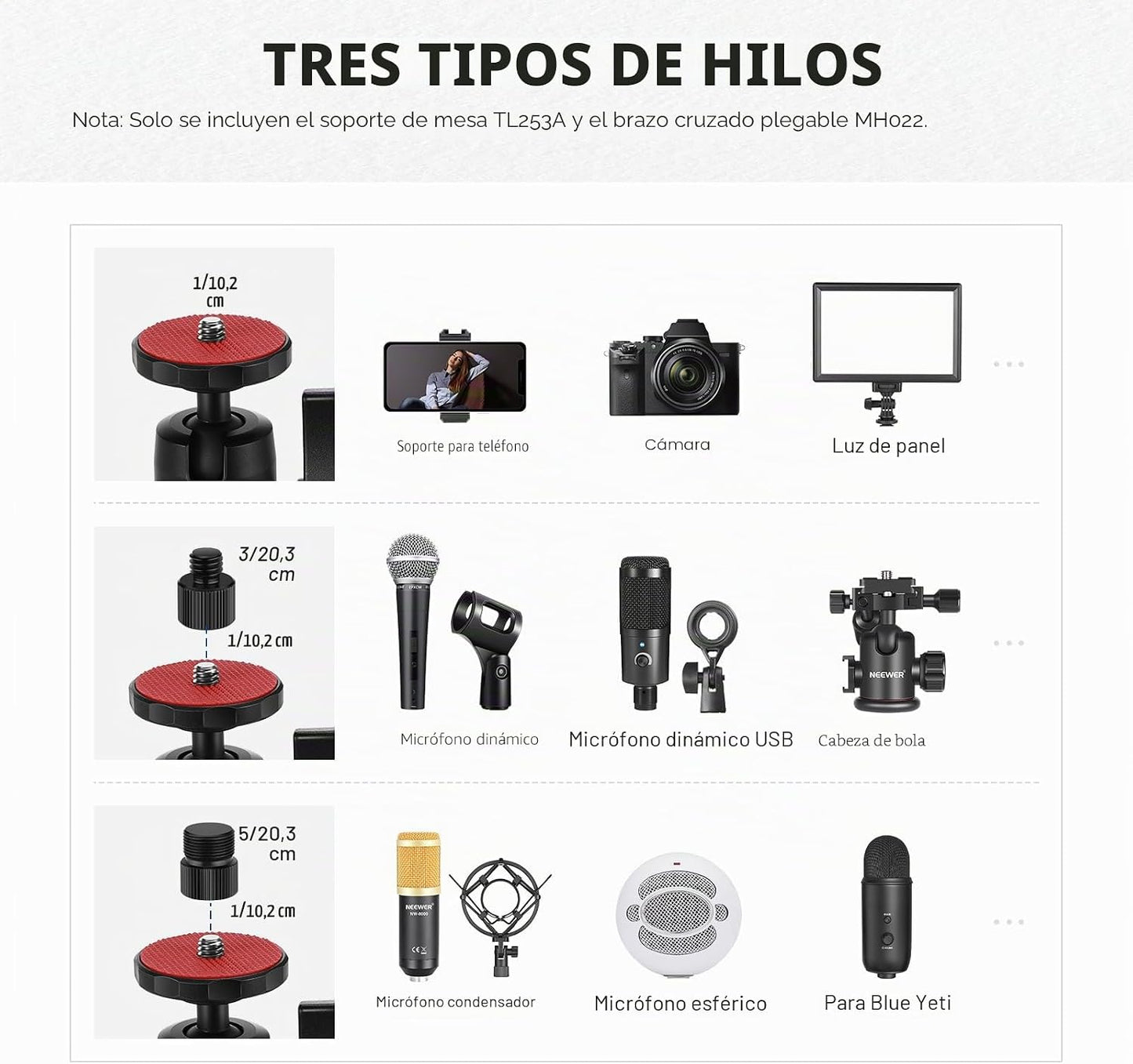 NEEWER - Suporte de mesa telescópico para câmara, com braço dobrável em três partes, 1,2 m, com pinça de telefone, rótula para luz LED, microfone TL253A+MH022