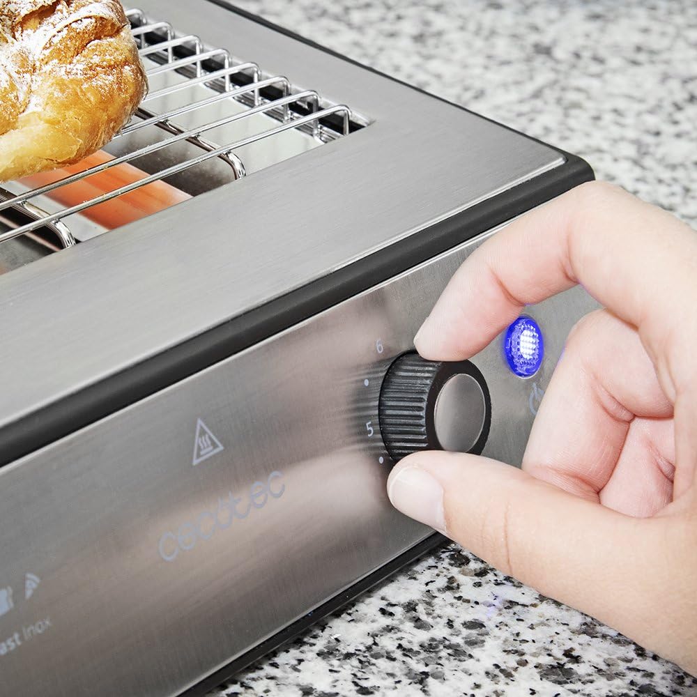 Cecotec Torradeira Plana Horizontal Turbo Easy Toast Inox. 900 W de Potência em 6 Níveis, 3 Resistências de Quartzo, Bandeja de Recolha de Migalhas, Orifício para Cabos, Acabamento em Aço Inoxidável