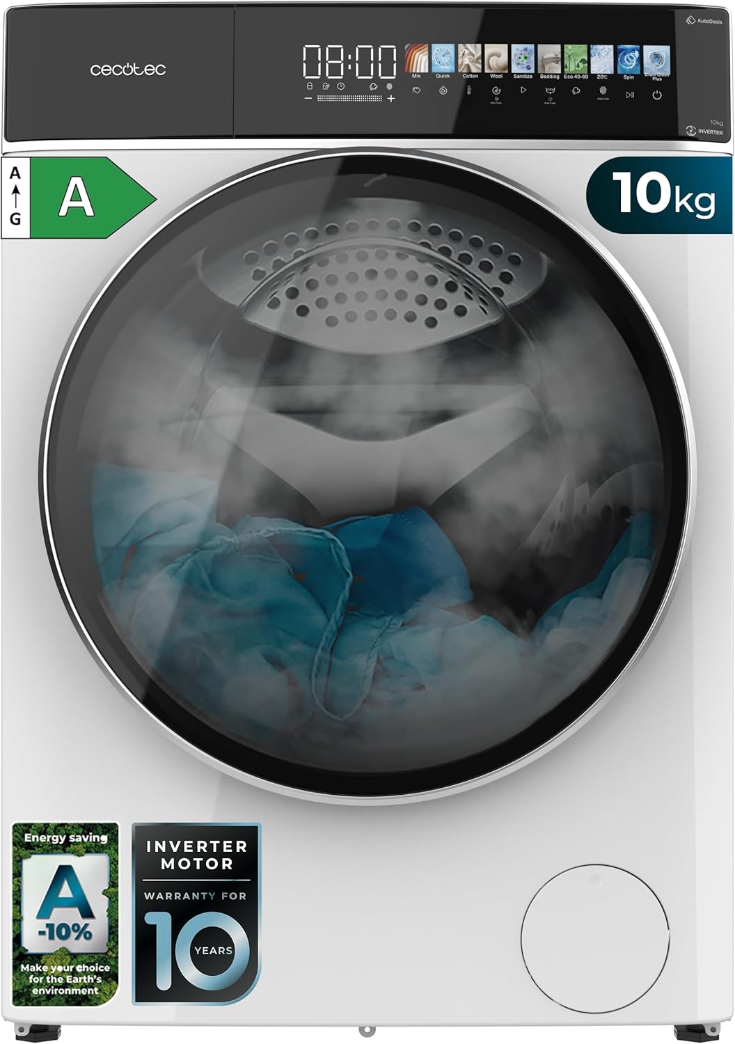 Cecotec Máquina de lavar roupa 10 Kg Carregamento frontal Autodose Bolero DressCode 10900 Autodose Inverter FullColor A 1400RPM, Baixo Consumo, Ecrã FullColor 10,3", 11 Programas, Motor Inverter Plus [Classe energética A]