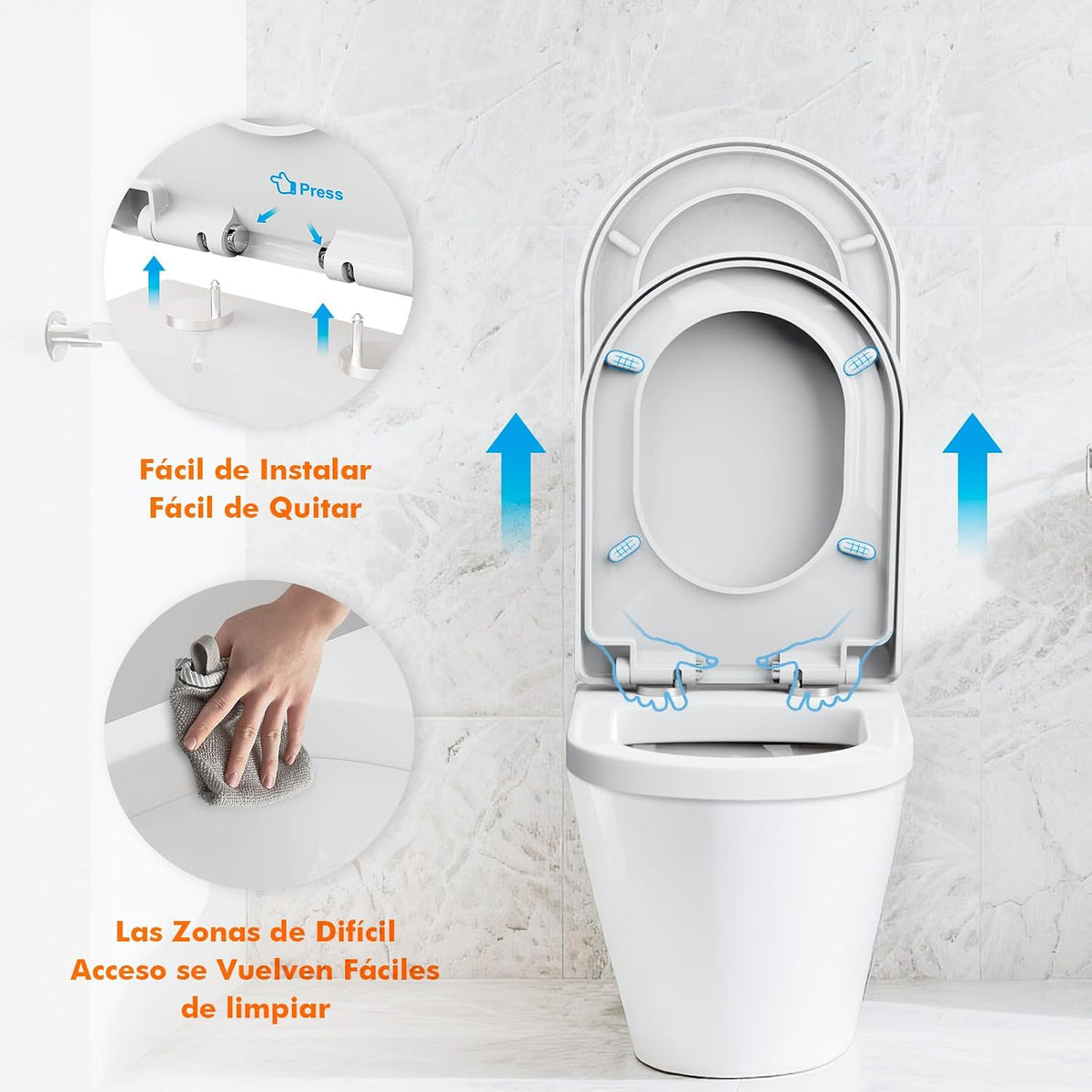 Ibergrif M41001 Tapa WC Forma D con Cierre Suave,Instalación Superior Assento WC com libertação rápida, montagem fácil, universal para comprimento 40,5 - 46,5 cm, distância 10 - 22 cm