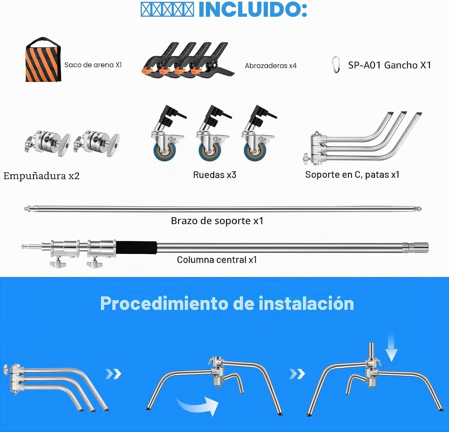 Soonpho Suporte C em aço inoxidável resistente de 3 m com tripé de 330 cm e braço de fixação de 130 cm