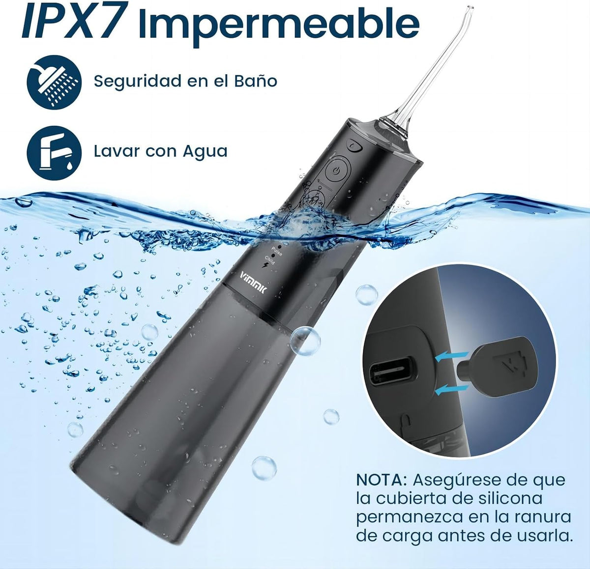 rrigador bucal portátil, Vimmk Irrigador dental sem fios profissional 8 boquilhas 5 modos, IPX7 impermeável 300 ml USB-C recarregável para limpeza de dentes, para casa e viagens (preto)