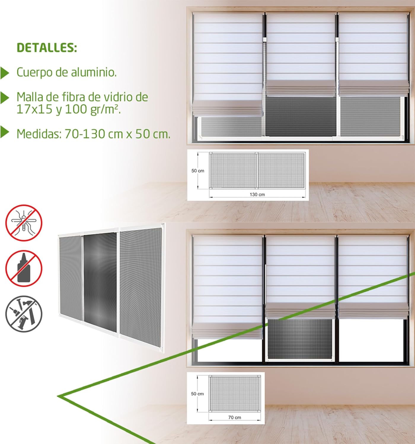 Amig Rede mosquiteira extensível para janelas, instalação sem parafusos, cabe na calha da persiana - 70 x 50 cm, ajustável até 130 cm