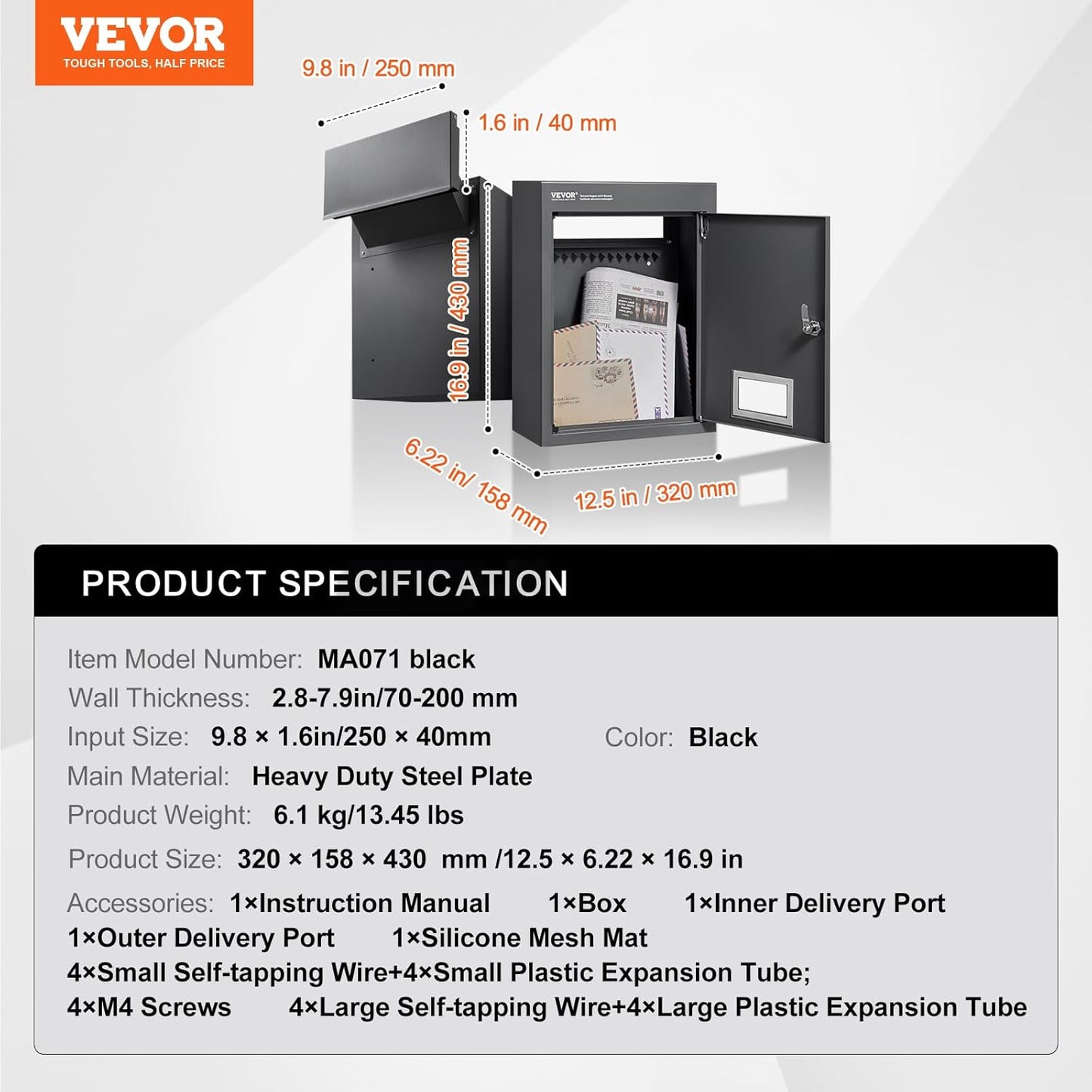 VEVOR Caixa de Correio Embutida com Bloqueio de Código para Cercas de Aço 320 x 158 x 430 mm,