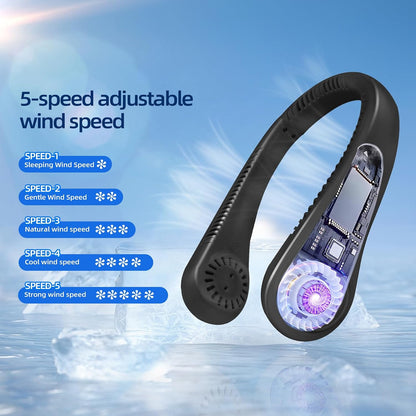 Ventilador de pescoço portátil Jsdoin, ventiladores de pescoço recarregáveis por USB, ventilador suspenso sem lâmina de 5 velocidades, ventiladores de pescoço com fluxo de ar de 360 graus para homens e mulheres recarregáveis (preto)