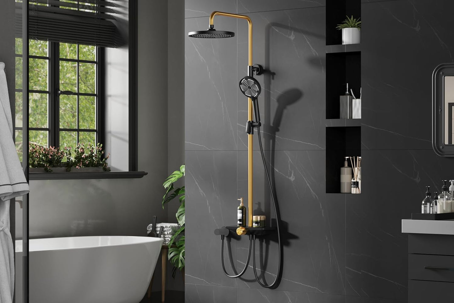 Chuveiro de chuva sem torneiras com prateleira, sistema de chuveiro com cabeça de chuveiro de aço inoxidável ajustável,