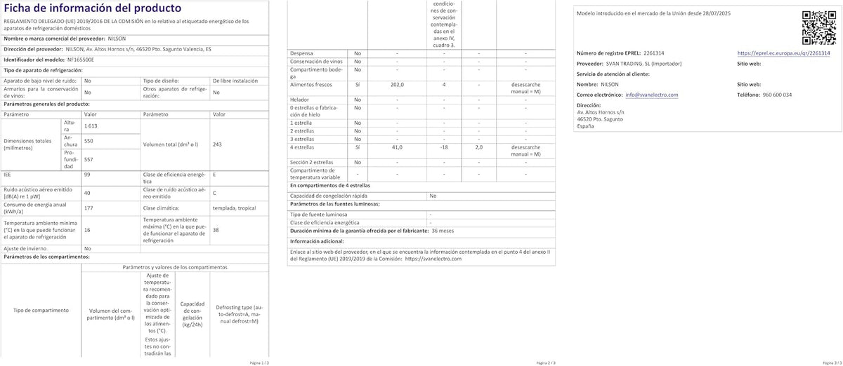 Nilson Frigorífico 2 portas, branco NF165500E. Capacidade 243 l, porta reversível, baixo nível sonoro, eficiência energética classe E [Classe energética E]