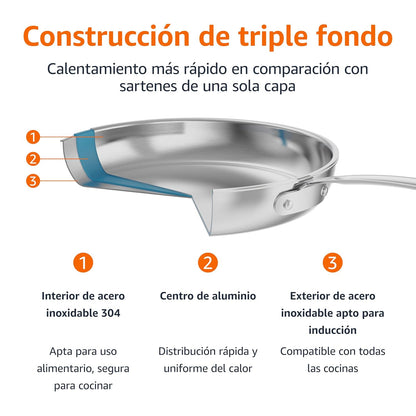 Amazon Basics Frigideira de aço inoxidável com tecnologia Tri Ply de 3 camadas, 30 cm, cabo resistente ao calor, prateado
