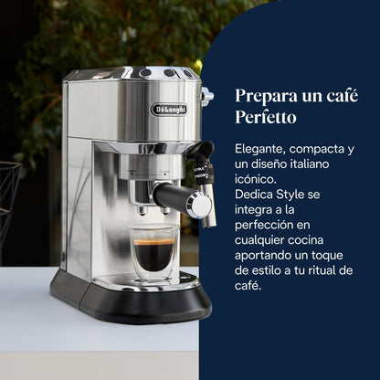 (recondicionado)De'Longhi Dedica - Cafeteira de Bomba de Aço Inoxidável para Café Moído ou Monodose, Cafeteira para Espresso e Cappuccino, Depósito de 1,3 Litros, Sistema Anti-gotejamento, EC685.M, Metal [Classe energética A]