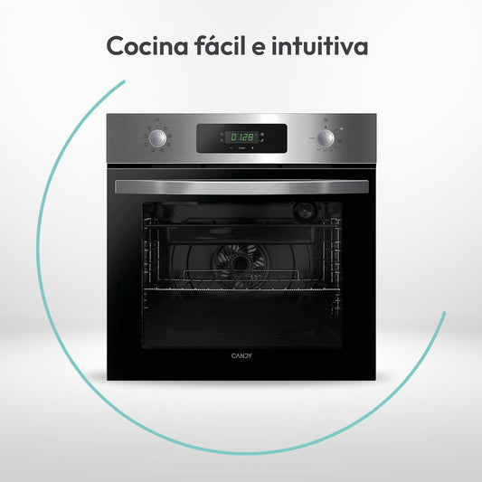 Candy FIDCP X625 L, Forno Multifuncional, 70L, Bandeja e Grade, Limpeza Aquactiva, Convecção + Ventilador radial, 8 Funções, Display Timer Touch, Comandos Push&Pull, Porta 2 Vidros, Inox e Preto [Classe energética A+]