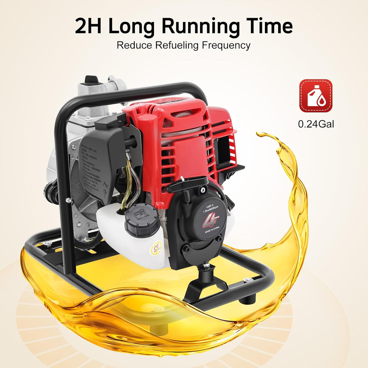 Bomba de água de gasolina de 4 tempos 1,2 kW (38 cm³) bomba de água residual de gasolina e bomba de jardim portátil com fluxo de 135 m³/h, altura de movimentação 30 m para irrigação, drenagem