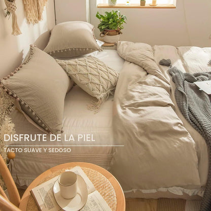 Conjunto de capa nórdica 135 x 200 cm, taupe conjunto de roupa de cama boho com franjas, pompom boémio em microfibra, macia com fronha de almofada e fecho de correr (Taupe, 135 x 200