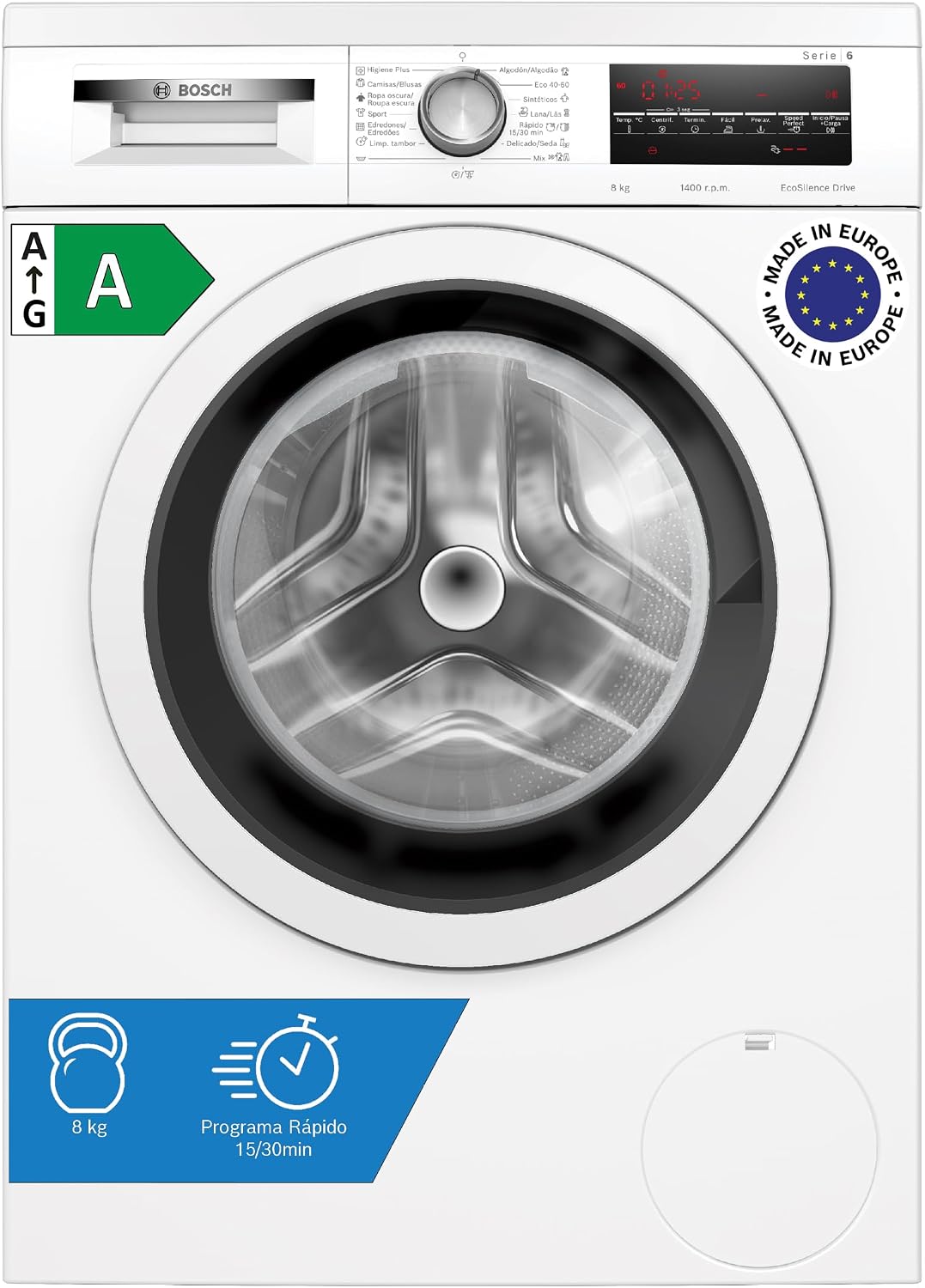 Bosch Máquina de lavar roupa, instalação livre, 8 kg, série 6, EcoSilence, branco, WUU28T63ES | Cuide das suas roupas e da sua casa com o motor EcoSilence para uma lavagem discreta e eficiente. [Classe energética A]