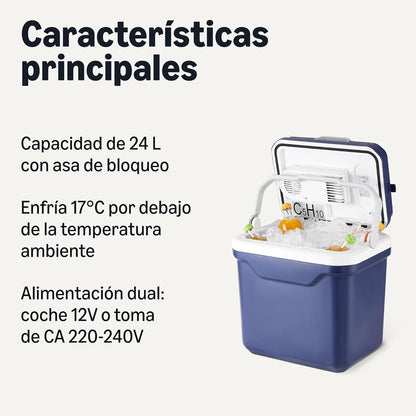 Amazon Basics Geladeira elétrica, frigorífico com função de refrigeração e aquecimento, 12 V CC/230 V CA para uso doméstico ou em veículos, 24 litros, azul