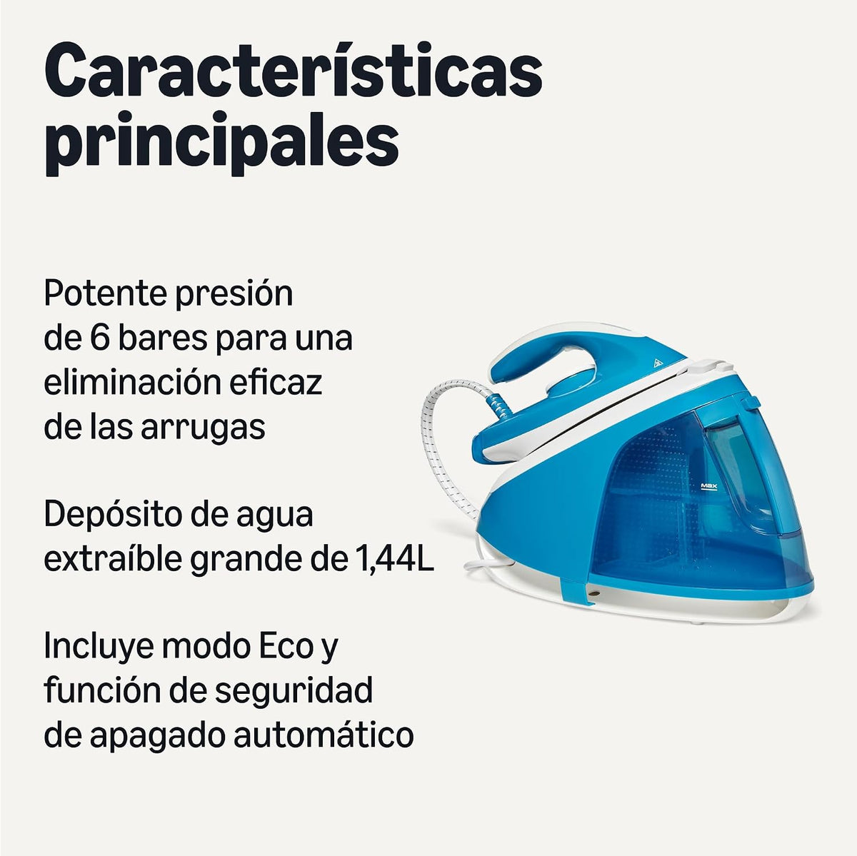 Amazon Basics Ferro com gerador de vapor com bomba de 6 bares, impulso de vapor de 240 g/min, saída de vapor de 120 g/min, depósito de 1,8 litros, 2400 W, branco/azul