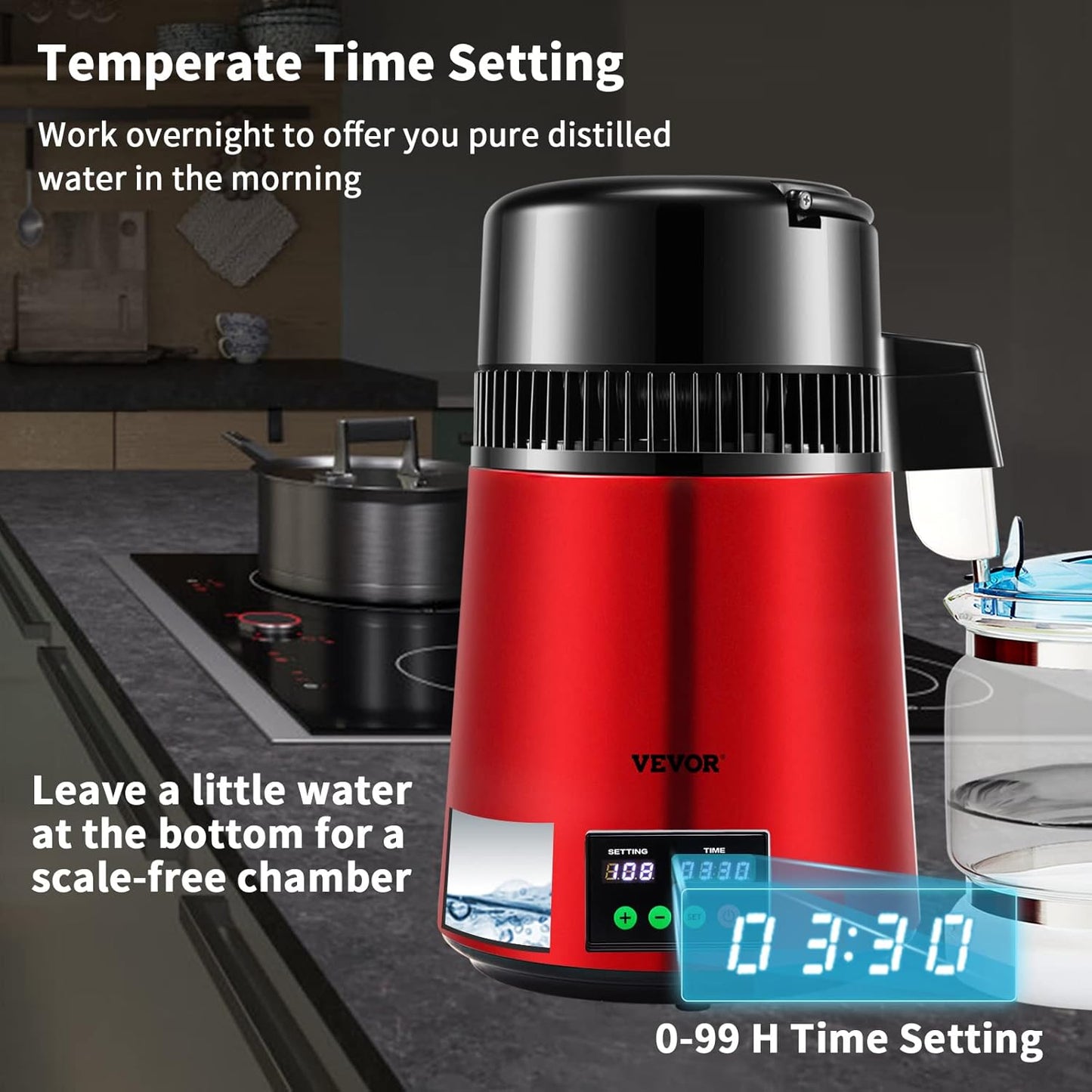 VEVOR Destilador de água 4 L filtro de destilação de água com recipiente de vidro 750 W 1 L/H