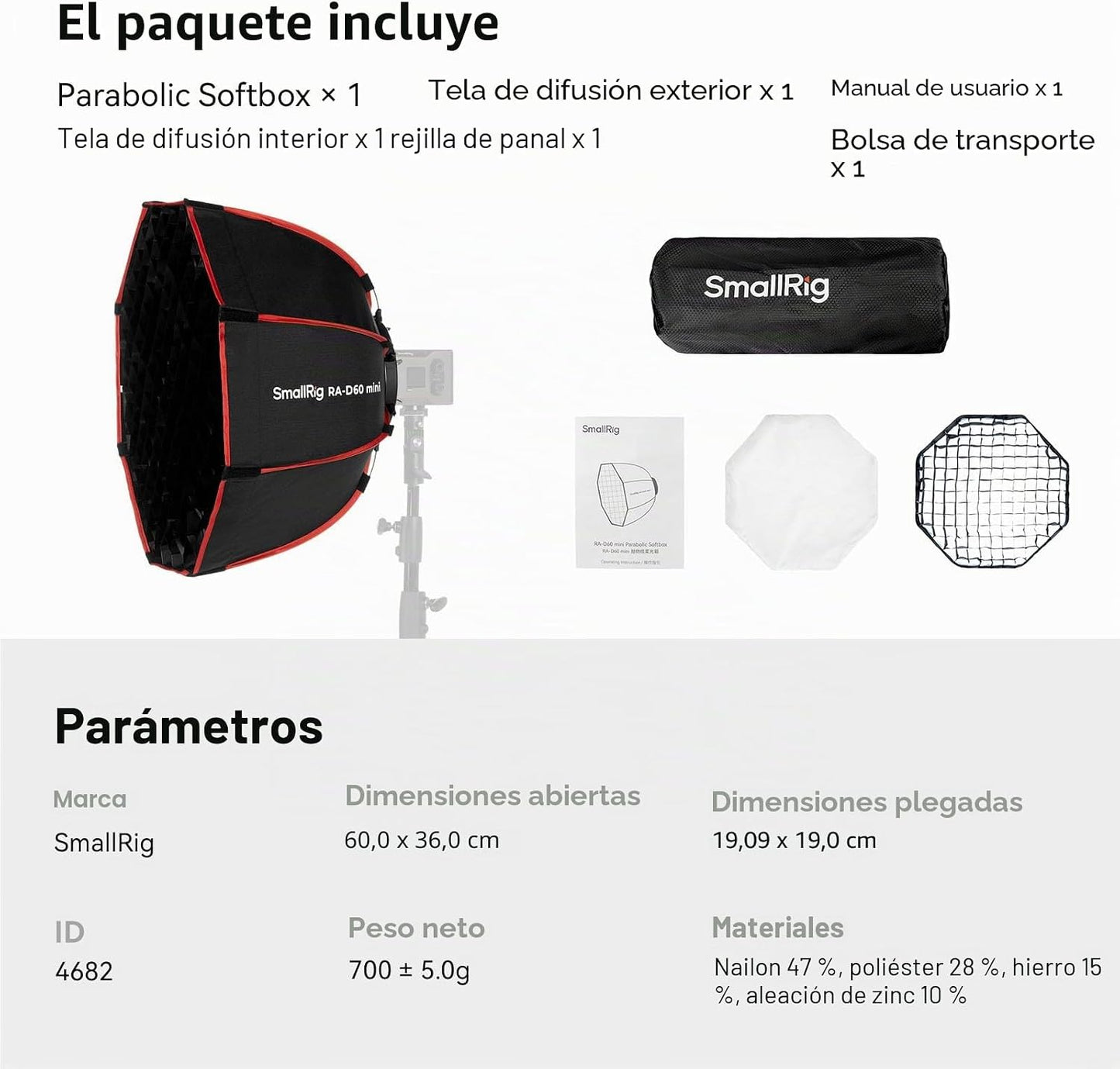 SMALLRIG RA-D60 Softbox Parabólico, Softbox de libertação rápida de 23,6" com bolsa de transporte, compatível com luz de vídeo SMALLRIG RC 60B COB - 4682