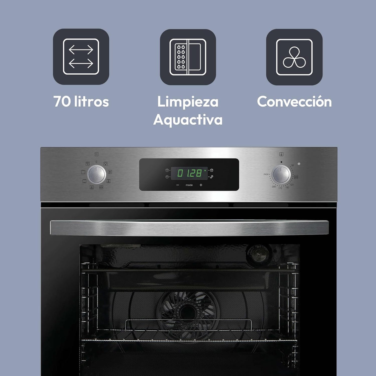 Candy FIDCP X625 L, Forno Multifuncional, 70L, Bandeja e Grade, Limpeza Aquactiva, Convecção + Ventilador radial, 8 Funções, Display Timer Touch, Comandos Push&Pull, Porta 2 Vidros, Inox e Preto [Classe energética A+]