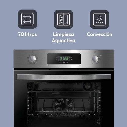 Candy FIDCP X625 L, Forno Multifuncional, 70L, Bandeja e Grade, Limpeza Aquactiva, Convecção + Ventilador radial, 8 Funções, Display Timer Touch, Comandos Push&Pull, Porta 2 Vidros, Inox e Preto [Classe energética A+]