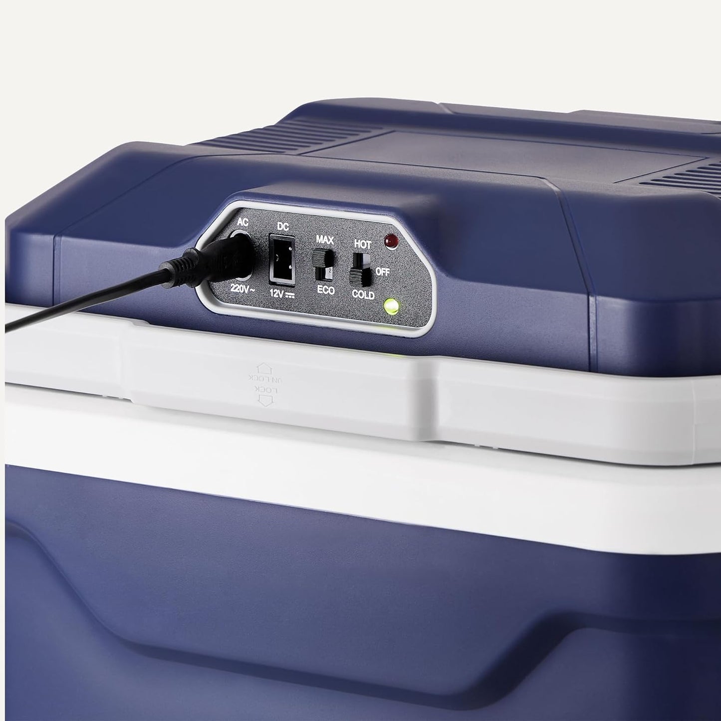 Amazon Basics Geladeira elétrica, frigorífico com função de refrigeração e aquecimento, 12 V CC/230 V CA para uso doméstico ou em veículos, 24 litros, azul