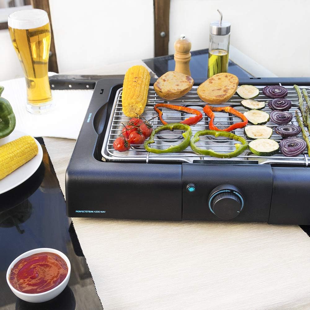 Cecotec Churrasqueira Elétrica de Mesa de Jardim PerfectSteak 4200 Way. 2400W, Grelha Inox, Temperatura e Altura Ajustável a 3 Níveis, 18/10 Aço, Cor Preto Aço
