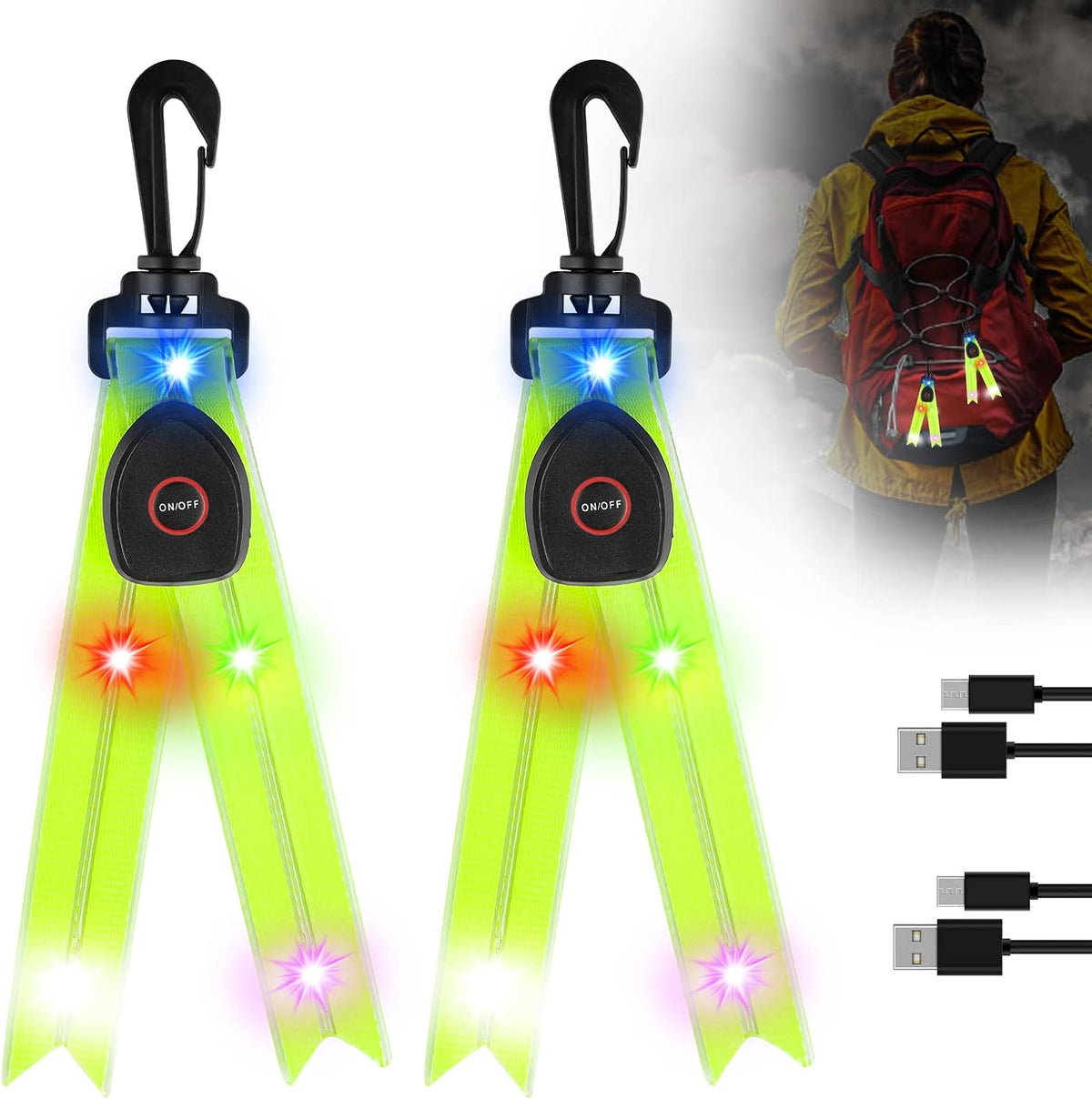 Luz piscante LED para mochila escolar - 2 refletores infantis recarregáveis Luz piscante Luz de segurança para mochila escolar, Pingente refletor de luz de segurança à prova d'água para mochila escolar, mochila, caminhada, corrida