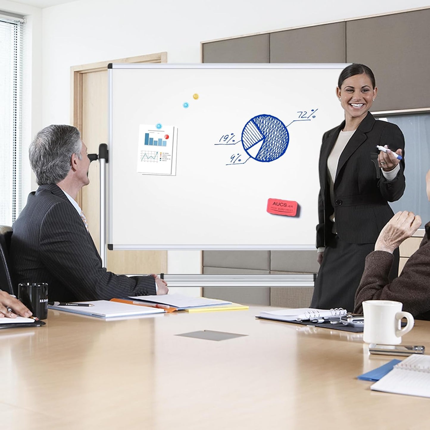 VIZ-PRO Quadro branco móvel magnético de dupla face, 120 x 90 cm, com rodas e moldura de alumínio, para escritório e sala de aula | Armação de alumínio, rotação de 360°, ideal para escritório, escola e casa