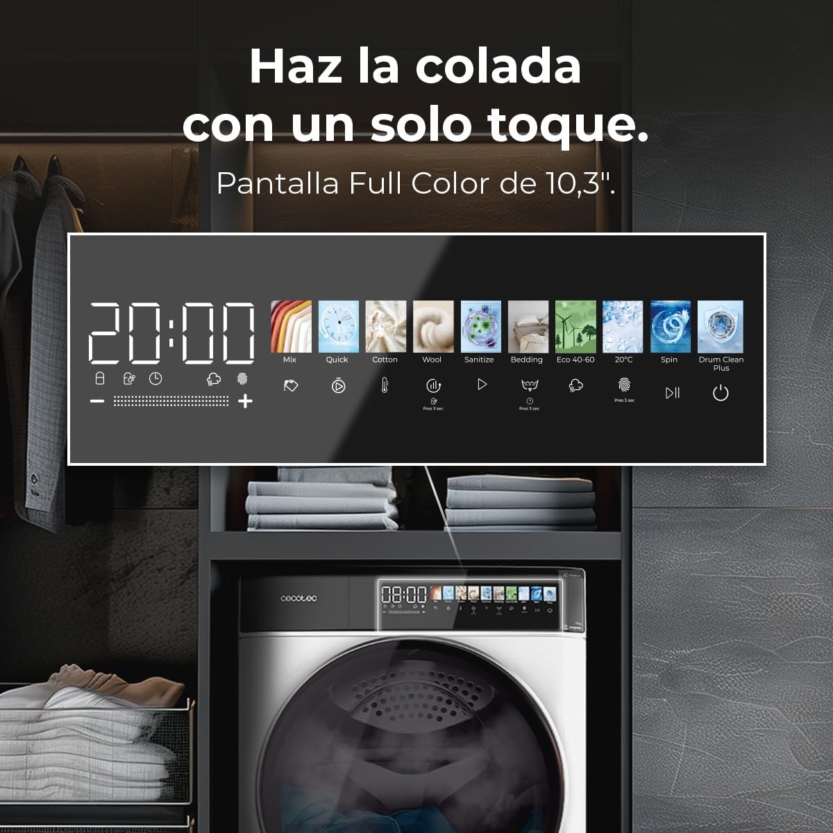 Cecotec Máquina de lavar roupa 10 Kg Carregamento frontal Autodose Bolero DressCode 10900 Autodose Inverter FullColor A 1400RPM, Baixo Consumo, Ecrã FullColor 10,3", 11 Programas, Motor Inverter Plus [Classe energética A]