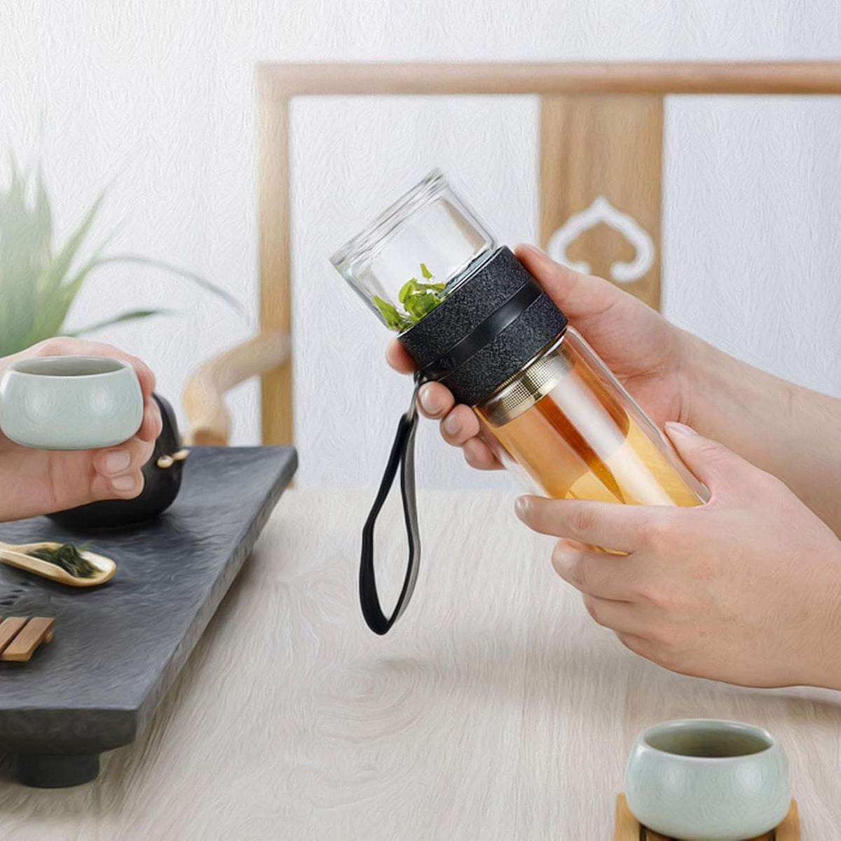 Garrafa infusora de chá 350 ml garrafa de chá de vidro de parede dupla canecas copo de chá com inversor de aço inoxidável para chá de folhas soltas e água de frutas 18,8 ml
