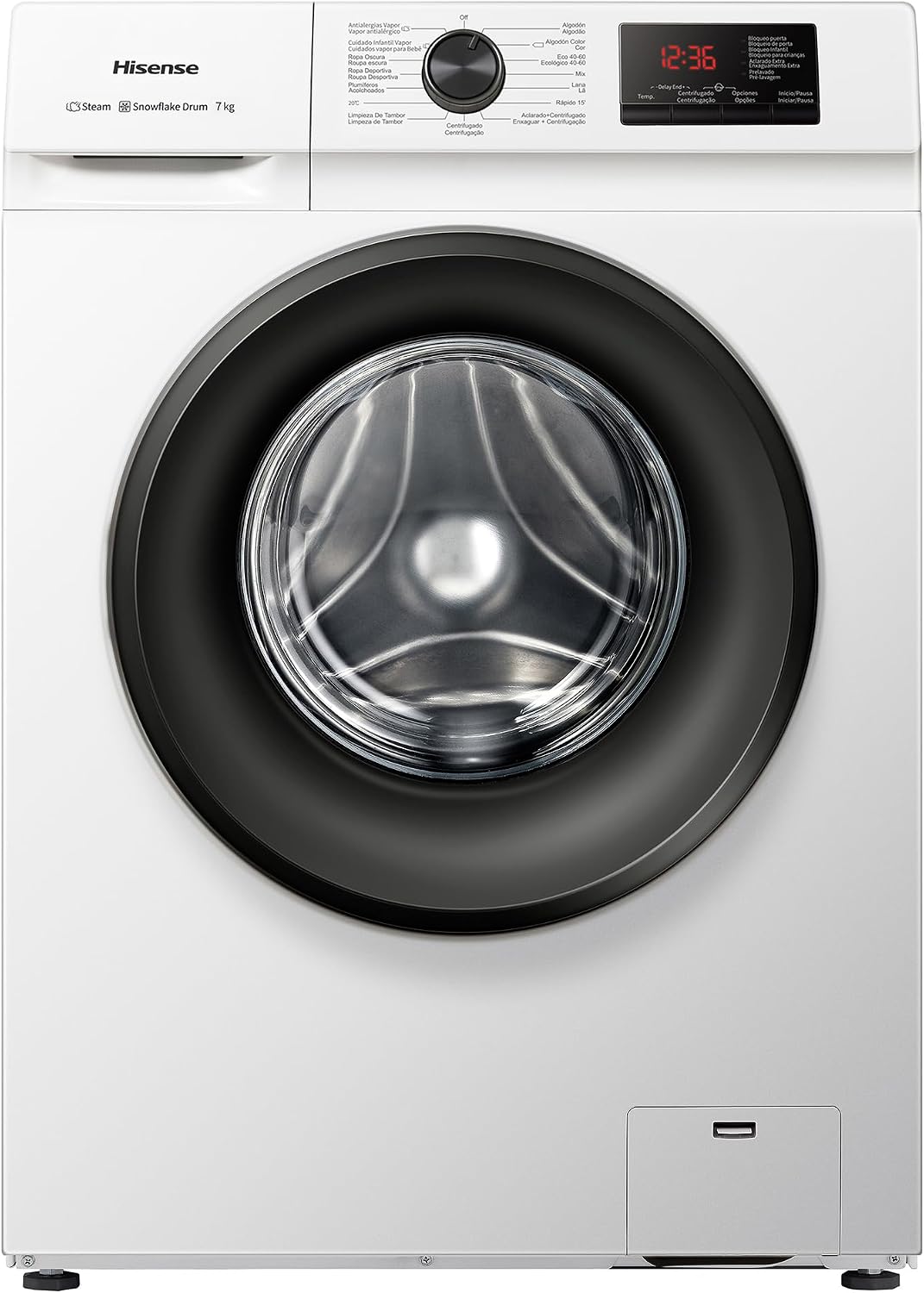 Hisense WFVB7012EM Máquina de lavar a vapor, carregamento frontal de 7 kg, 1200 rpm, 15 programas, controlo inteligente de oscilação de bateria, Display LED, programa rápido, branco [Classe energética D]