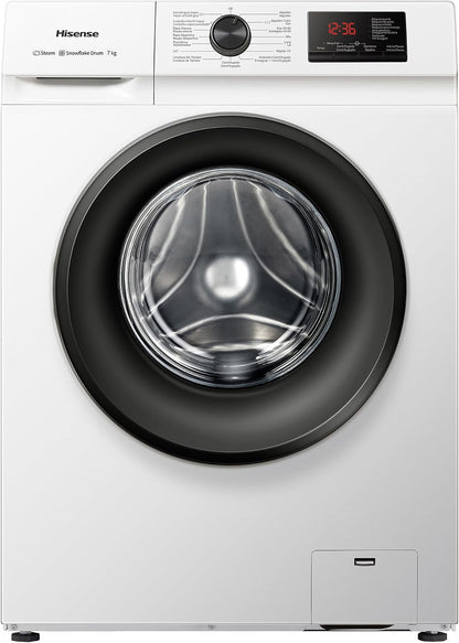 Hisense WFVB7012EM Máquina de lavar a vapor, carregamento frontal de 7 kg, 1200 rpm, 15 programas, controlo inteligente de oscilação de bateria, Display LED, programa rápido, branco [Classe energética D]