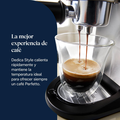 (recondicionado)De'Longhi Dedica - Cafeteira de Bomba de Aço Inoxidável para Café Moído ou Monodose, Cafeteira para Espresso e Cappuccino, Depósito de 1,3 Litros, Sistema Anti-gotejamento, EC685.M, Metal [Classe energética A]