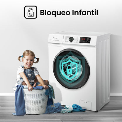 Hisense WFVB7012EM Máquina de lavar a vapor, carregamento frontal de 7 kg, 1200 rpm, 15 programas, controlo inteligente de oscilação de bateria, Display LED, programa rápido, branco [Classe energética D]