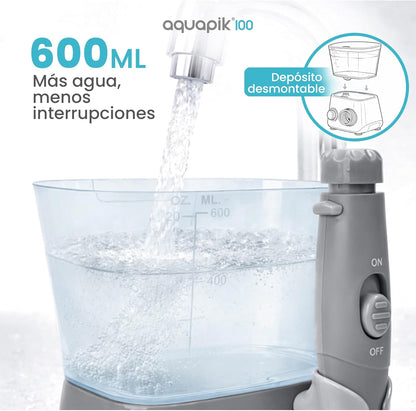 Irrigador dental de mesa Aquapik 100® – Limpeza bucal profunda com 10 níveis de pressão, 9 boquilhas, depósito de 600 ml, ideal para gengivas sensíveis, ortodontia, pontes e implantes. (Cinza)