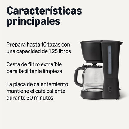 Amazon Basics - Cafeteira com filtro, jarro de vidro de 1,25 litros/10 chávenas, 29 minutos de manutenção de calor, 1000 W, preto, tomada UE