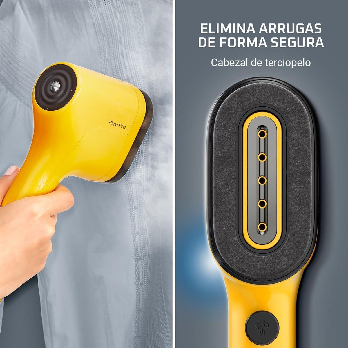 Rowenta Pure Pop - Ferro a vapor de 1300 W com saída de vapor de até 20 g/min que plancha e purifica, elimina pêlos e pelos, cabeças reversíveis, design para viagem, cor amarelo, DR2026