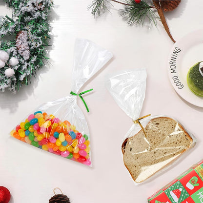 200 sacos de celofane, 25 x 15 cm, sacos transparentes para encher, sacos transparentes com 200 fitas metálicas para doces, biscoitos, pão, frutas, etc. Perfeito para festas de presente
