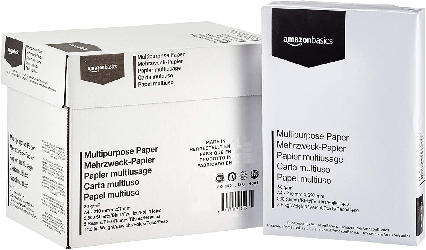 Amazon Basics Papel multiusos para impressora A4 80 g/m², 2500 Unidades, 5 Pacotes de 500, Branco