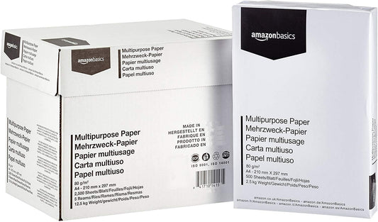 Amazon Basics Papel multiusos para impressora A4 80 g/m², 2500 Unidades, 5 Pacotes de 500, Branco