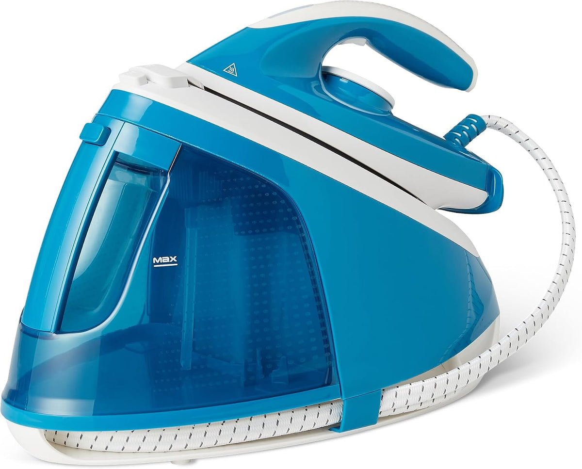 Amazon Basics Ferro com gerador de vapor com bomba de 6 bares, impulso de vapor de 240 g/min, saída de vapor de 120 g/min, depósito de 1,8 litros, 2400 W, branco/azul