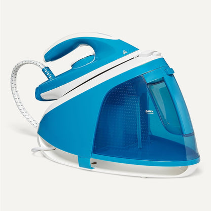 Amazon Basics Ferro com gerador de vapor com bomba de 6 bares, impulso de vapor de 240 g/min, saída de vapor de 120 g/min, depósito de 1,8 litros, 2400 W, branco/azul