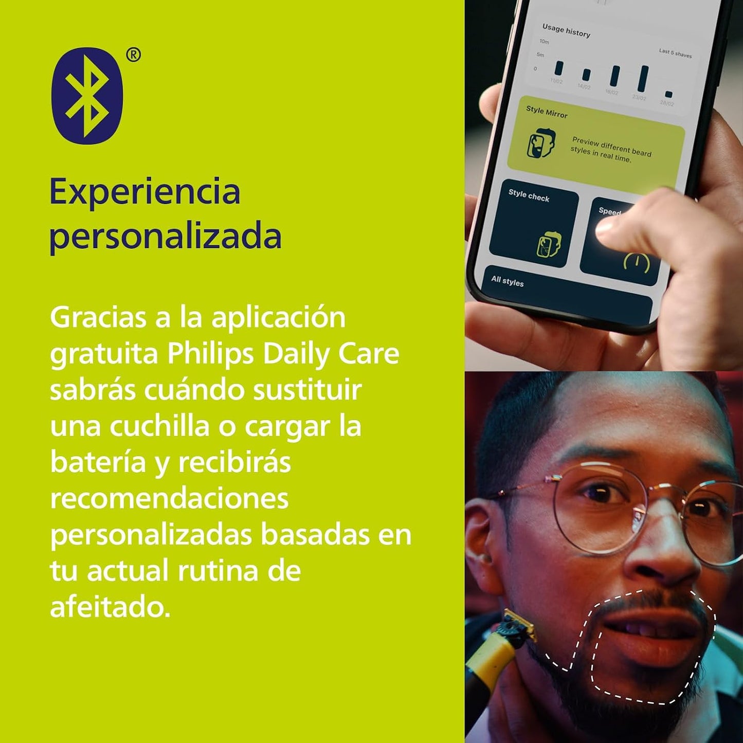 Philips OneBlade 360 com Bluetooth, aparador para barba e corpo, máquina de barbear elétrica para homem, depilação masculina, 2 lâminas, 5 comprimentos, 60 minutos de uso com 1 hora de carregamento