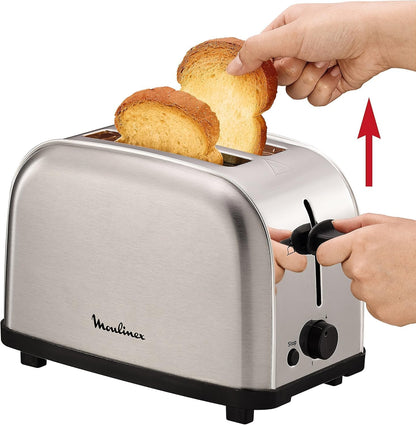 Moulinex Classic LT330D Torradeira de aço inoxidável, 2 ranhuras curtas para 2 fatias de pão, 6 posições de torrado com função Stop e bandeja de recolha, adequado para todos os tipos de pão