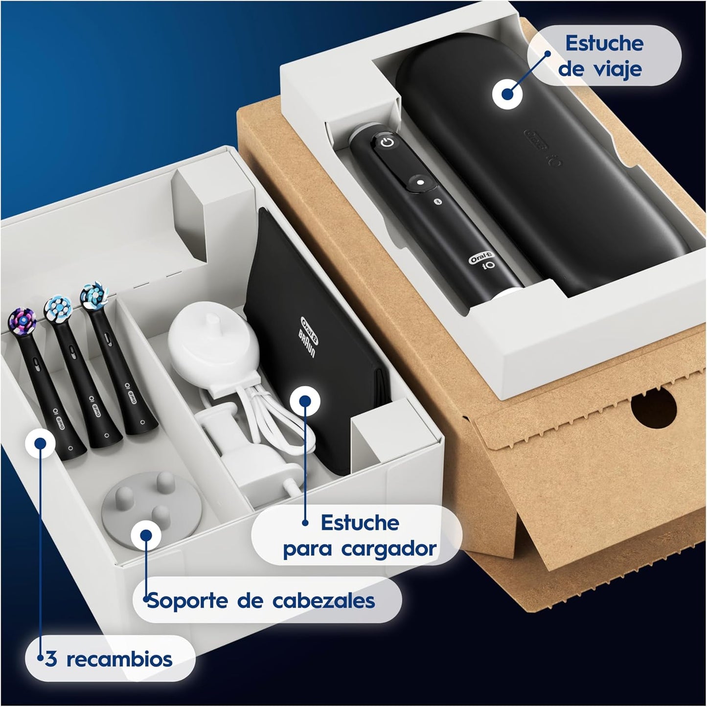 Oral-B iO 6 Escova de dentes elétrica preta com cabo recarregável, 3 cabeças, 1 estojo de viagem, 5 modos de escovar com branqueamento dental