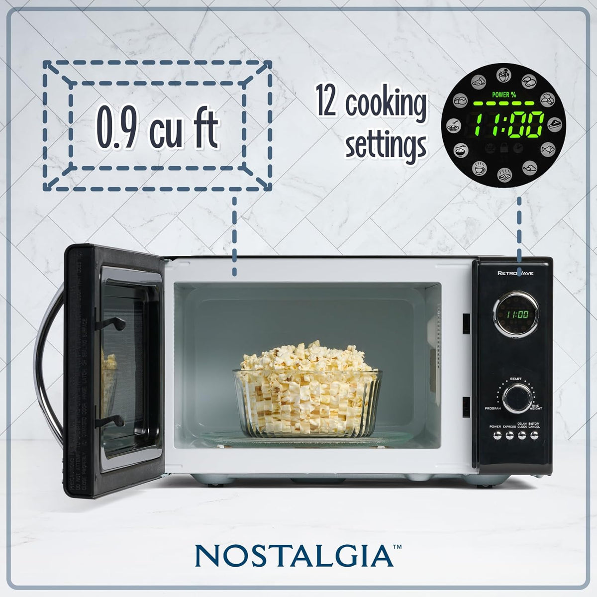 Nostalgia Microondas retro de bancada - grande potência de 800 watts - 25 litros - 12 programas de cozedura pré-estabelecidos - relógio digital - utensílios de cozinha - preto