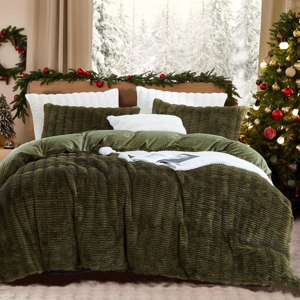 Roupa de cama de pelúcia de 155 x 220 cm, cor verde escuro, macia, de pelo comprido, de inverno, quente e aconchegante, flanela polar, toque de caxemira, capa nórdica com fecho de correr e 1 capa de