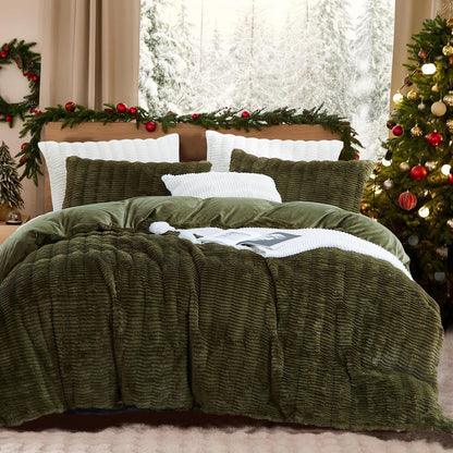 Roupa de cama de pelúcia de 155 x 220 cm, cor verde escuro, macia, de pelo comprido, de inverno, quente e aconchegante, flanela polar, toque de caxemira, capa nórdica com fecho de correr e 1 capa de