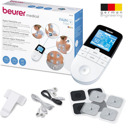 Beurer EM 49 TENS/EMS digital, dispositivo de corrente de estimulação 3 em 1 para alívio da dor e treino, função de massagem, inclui 4 eletrodos, cor branca