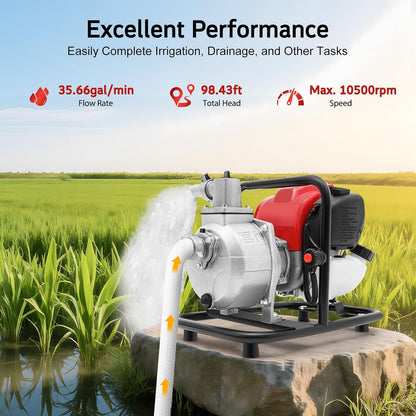 Bomba de água de gasolina de 4 tempos 1,2 kW (38 cm³) bomba de água residual de gasolina e bomba de jardim portátil com fluxo de 135 m³/h, altura de movimentação 30 m para irrigação, drenagem